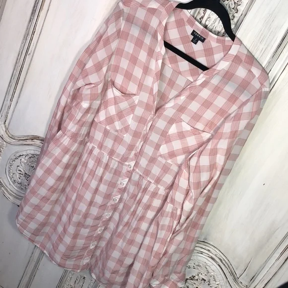 TORRID Dusty Pink and White Plaid Long Sleeve Babydoll Button Down Top Size 2 - Picture 3 of 10